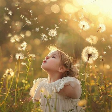 Firefly Portrait Child Blowing Dandelion Seeds in Field